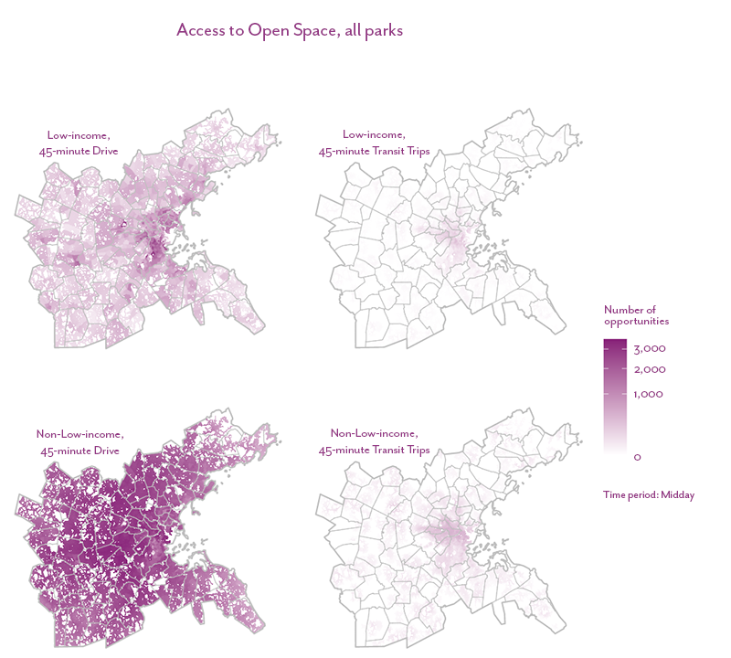 Figure 34 is a map that shows the number of open space opportunities accessible within a 45-minute drive or public transit trip for the low-income and non-low-income populations living in the Boston region.
